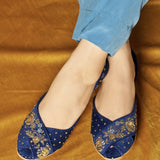 Omavi – Blue Velvet Peshawari Khussas with Golden Embroidery & Studs For Women