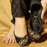 Black Peep-Toe Peshawari Khussas – Elegance Woven in Every Stitch For Women