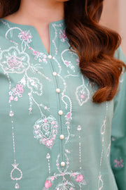 Sea Green Embroidered Lawn Short Shirt with Farshi Shalwar For Women