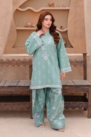 Sea Green Embroidered Lawn Short Shirt with Farshi Shalwar For Women