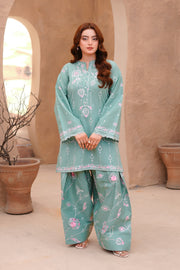 Sea Green Embroidered Lawn Short Shirt with Farshi Shalwar For Women