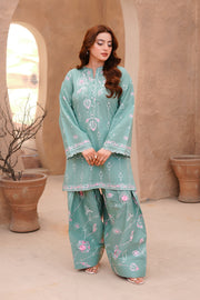 Sea Green Embroidered Lawn Short Shirt with Farshi Shalwar For Women
