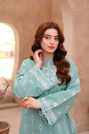 Sea Green Embroidered Lawn Short Shirt with Farshi Shalwar For Women