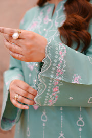 Sea Green Embroidered Lawn Short Shirt with Farshi Shalwar For Women