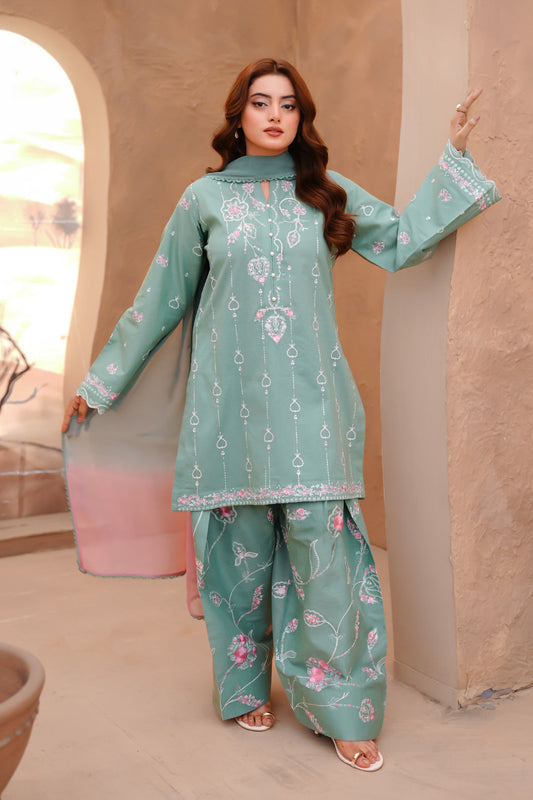 Sea Green Embroidered Lawn Short Shirt with Farshi Shalwar For Women