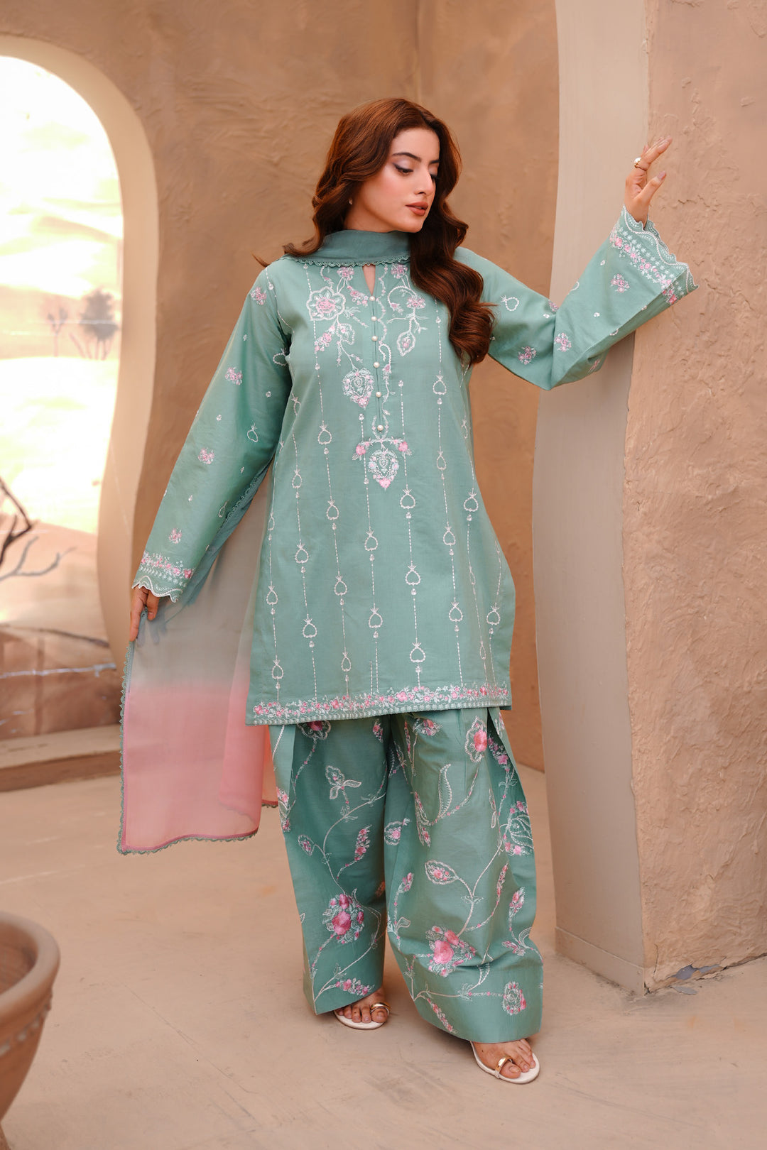 Sea Green Embroidered Lawn Short Shirt with Farshi Shalwar For Women