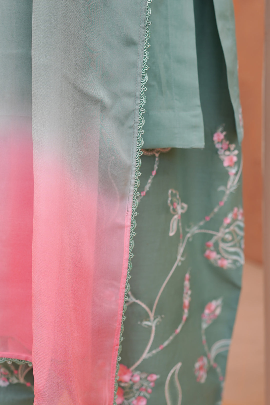 Sea Green Embroidered Lawn Short Shirt with Farshi Shalwar For Women