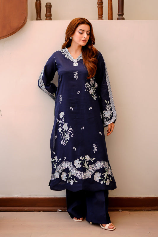 Navy Blue Embroidered Lawn 2 Piece Suit For Women