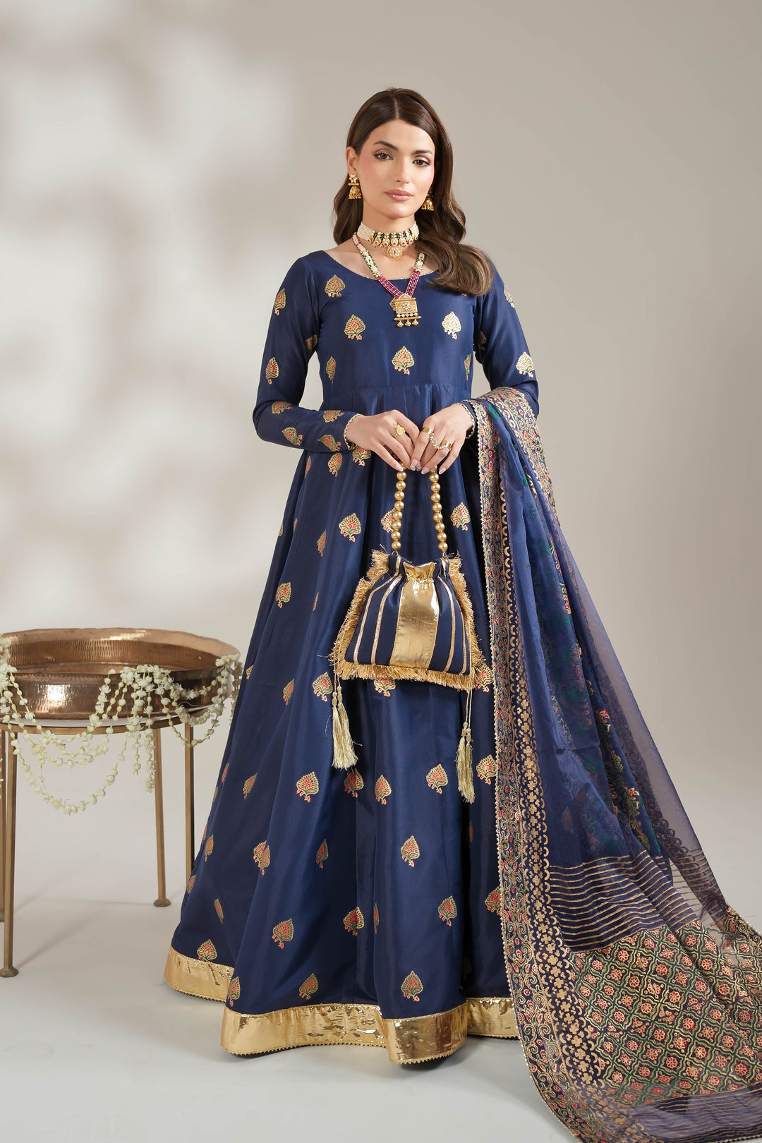 Navy Blue Royal Block-Printed Silk Maxi For Women