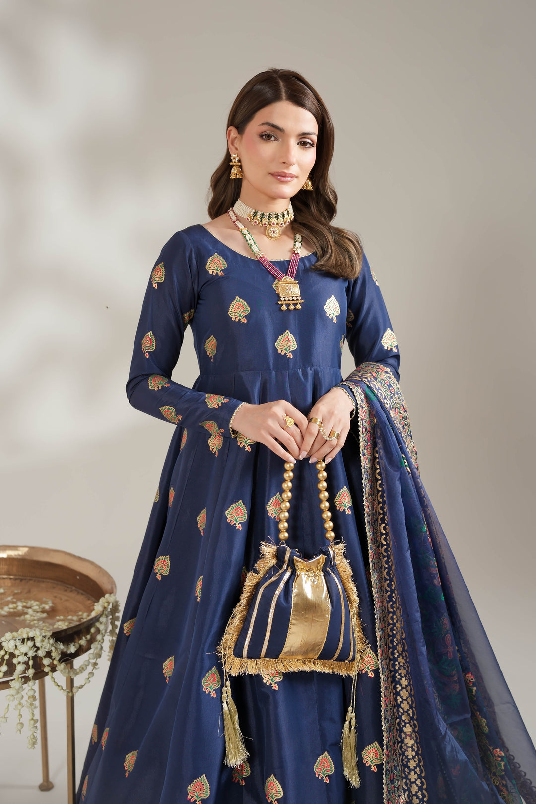 Navy Blue Royal Block-Printed Silk Maxi For Women