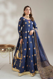 Navy Blue Royal Block-Printed Silk Maxi For Women