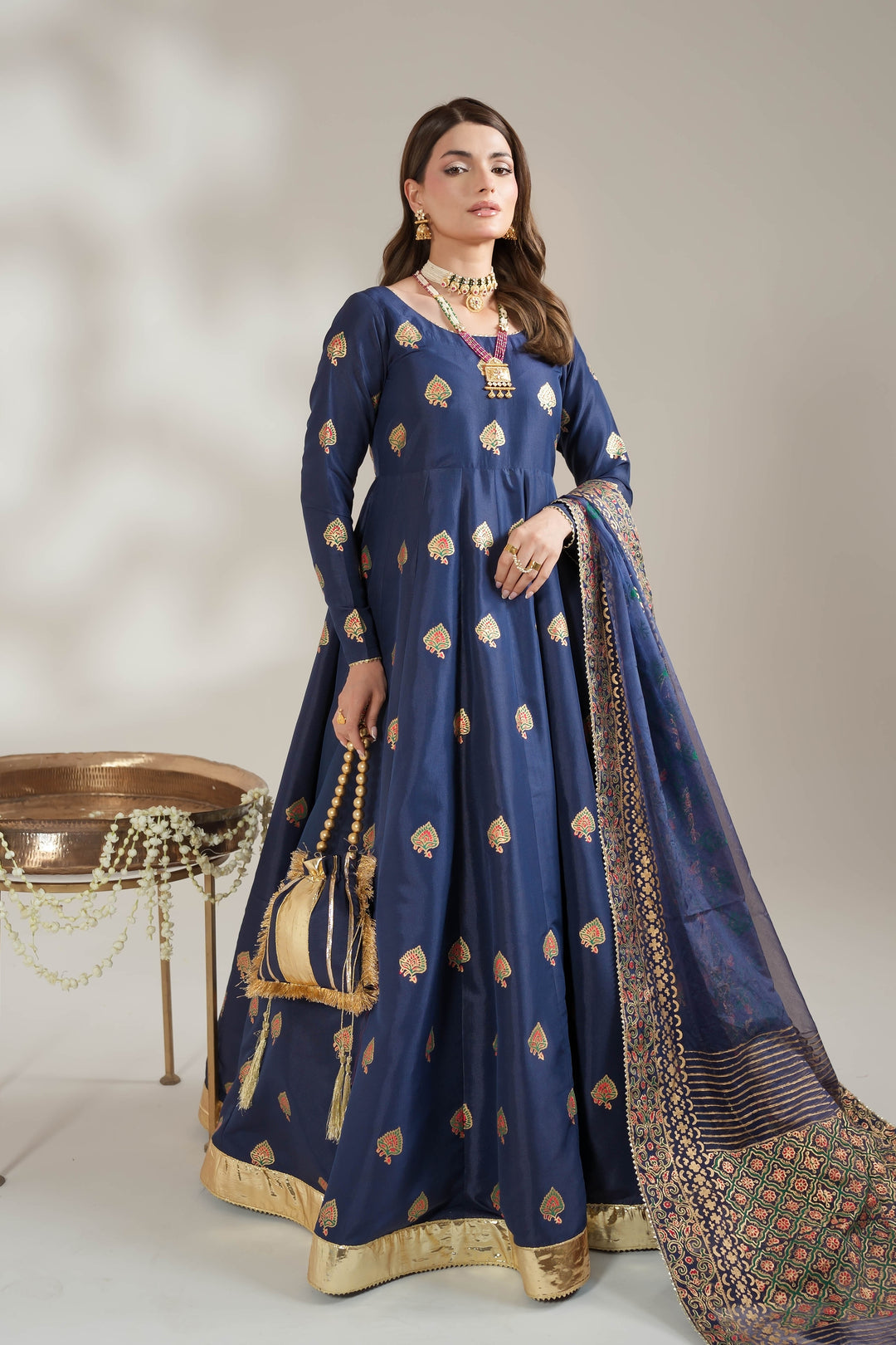 Navy Blue Royal Block-Printed Silk Maxi For Women