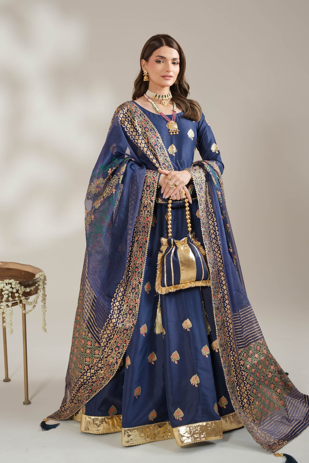 Navy Blue Royal Block-Printed Silk Maxi For Women