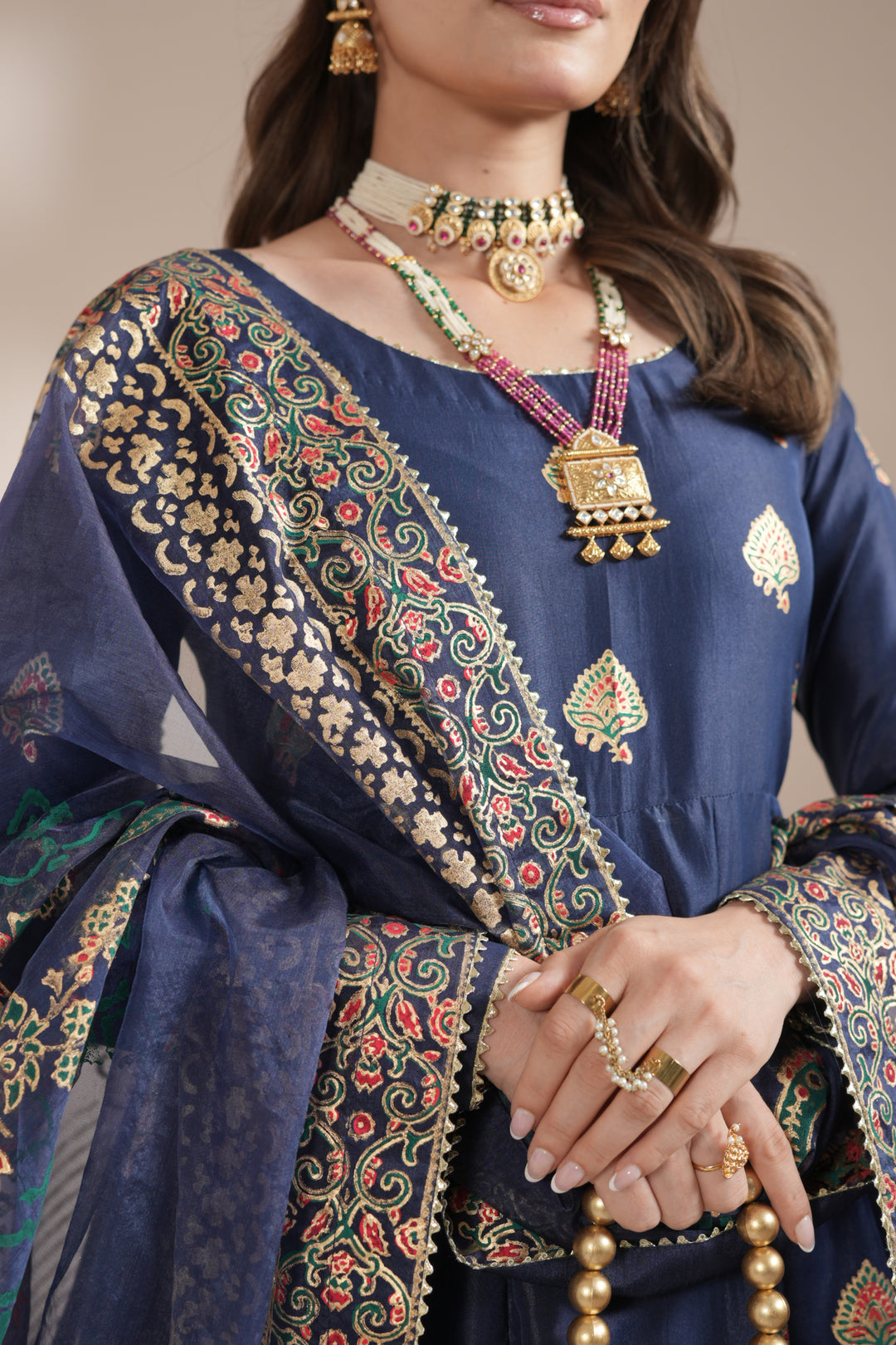 Navy Blue Royal Block-Printed Silk Maxi For Women