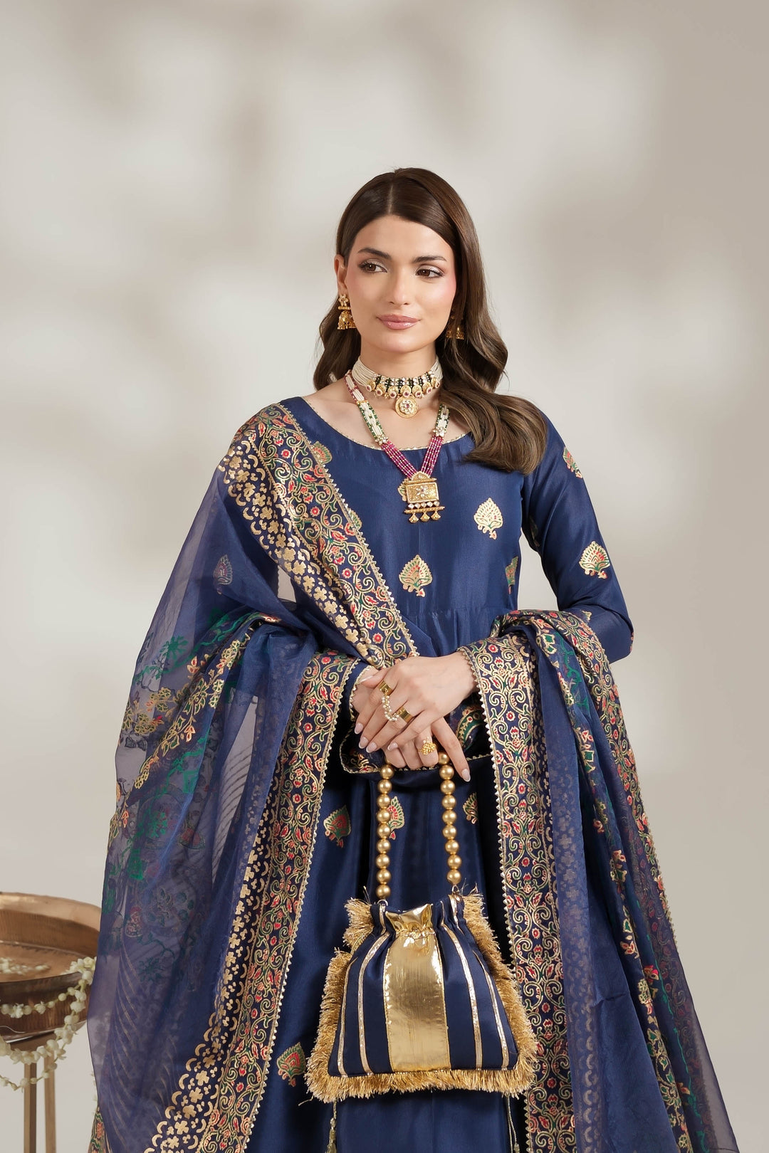 Navy Blue Royal Block-Printed Silk Maxi For Women
