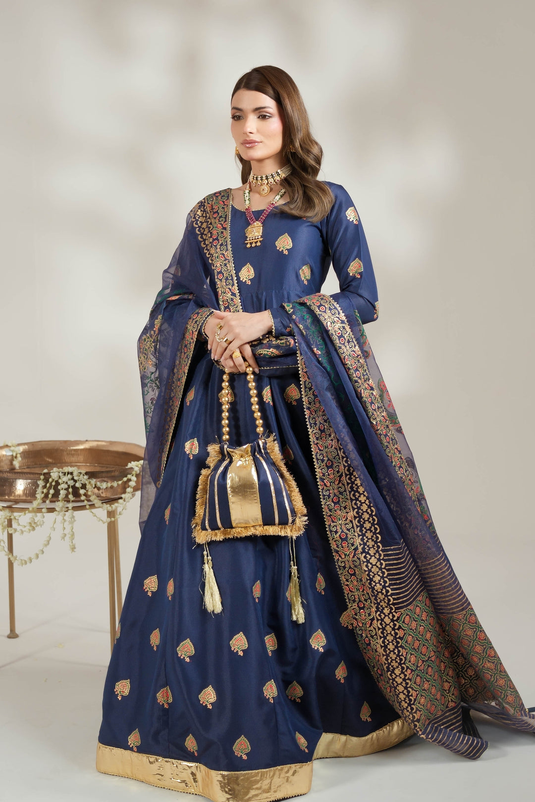 Navy Blue Royal Block-Printed Silk Maxi For Women