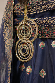 Navy Blue Royal Block-Printed Silk Maxi For Women