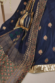 Navy Blue Royal Block-Printed Silk Maxi For Women