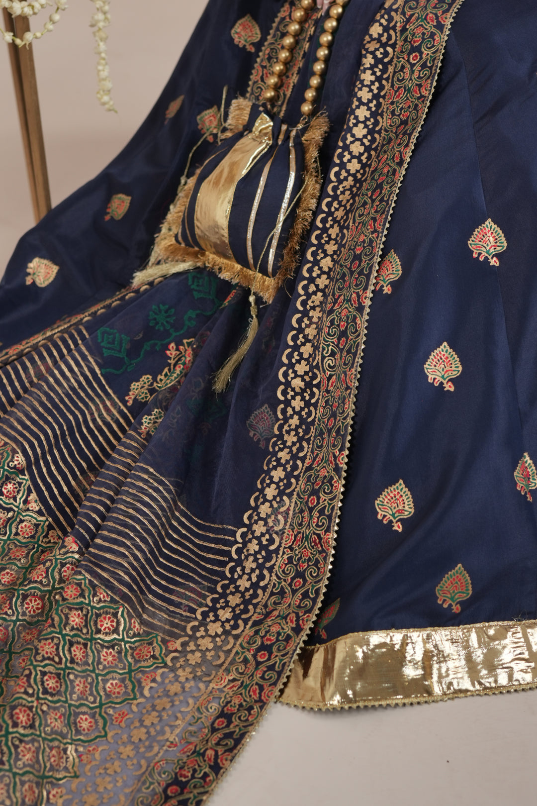 Navy Blue Royal Block-Printed Silk Maxi For Women