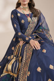 Navy Blue Royal Block-Printed Silk Maxi For Women