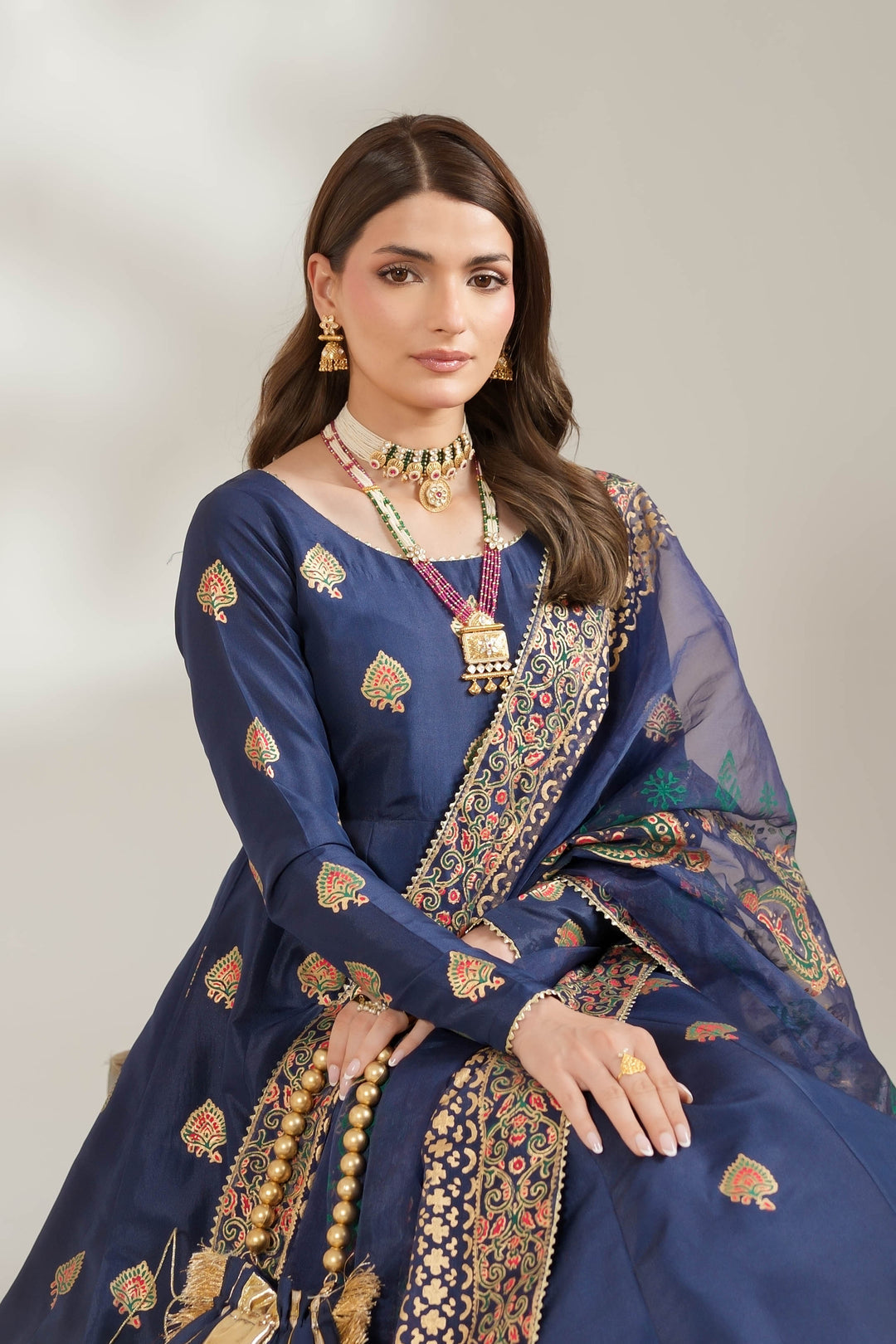 Navy Blue Royal Block-Printed Silk Maxi For Women