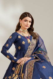 Navy Blue Royal Block-Printed Silk Maxi For Women
