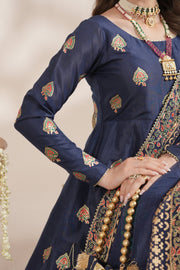 Navy Blue Royal Block-Printed Silk Maxi For Women
