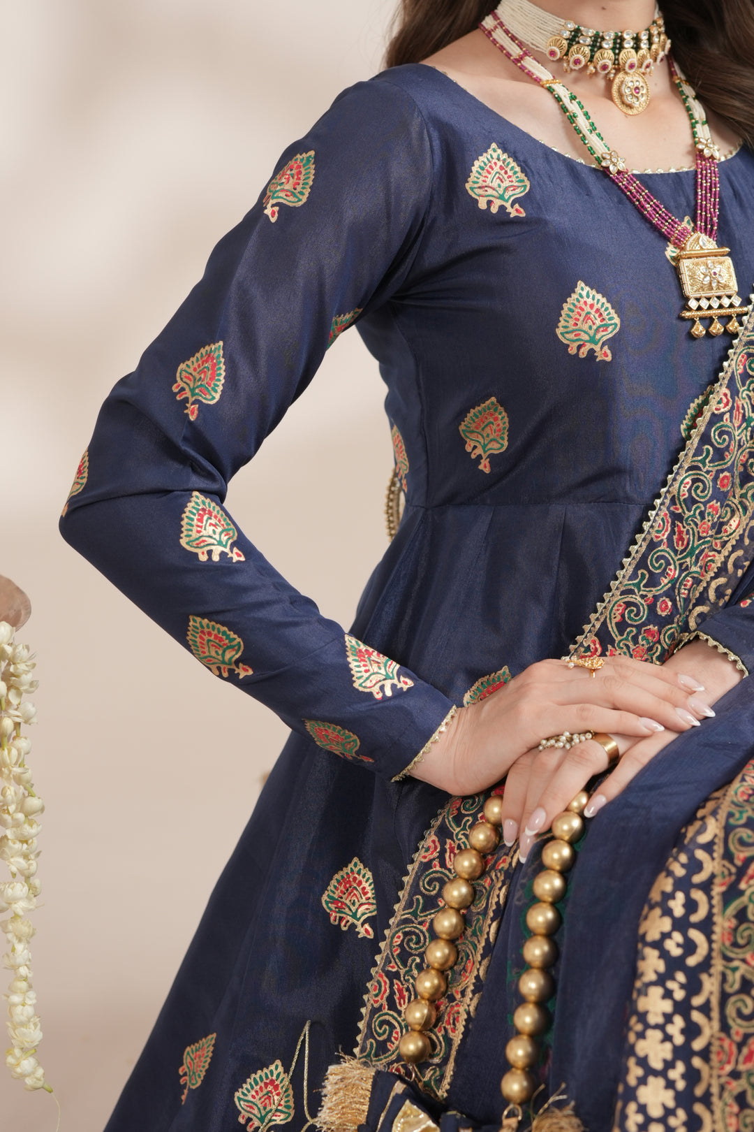 Navy Blue Royal Block-Printed Silk Maxi For Women
