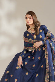 Navy Blue Royal Block-Printed Silk Maxi For Women