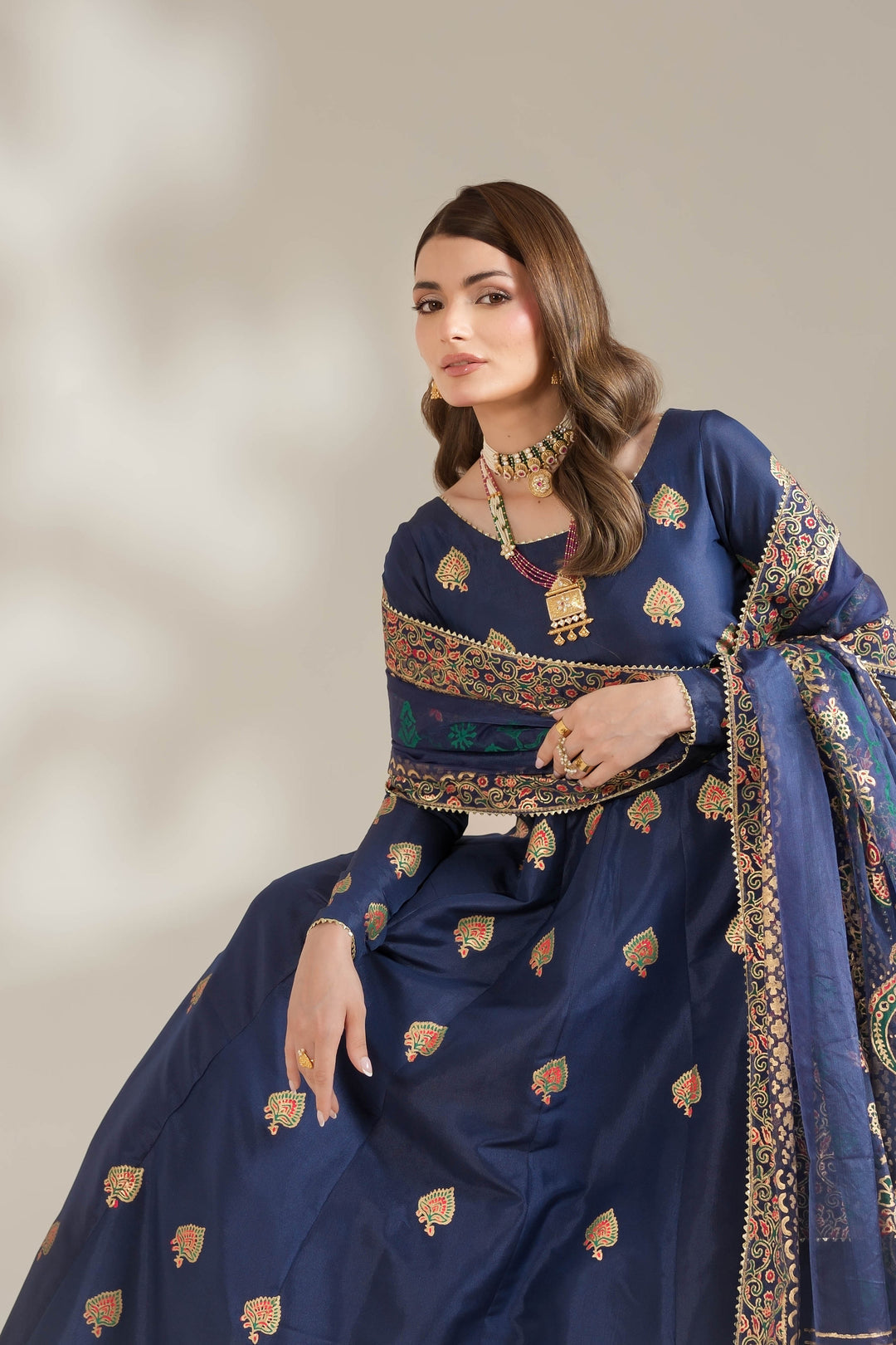 Navy Blue Royal Block-Printed Silk Maxi For Women