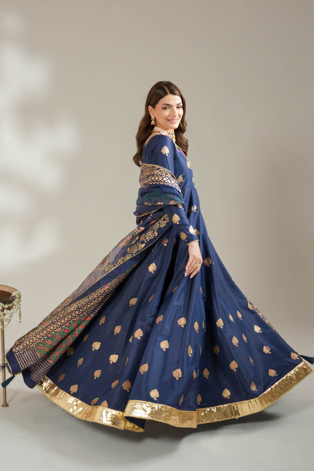 Navy Blue Royal Block-Printed Silk Maxi For Women