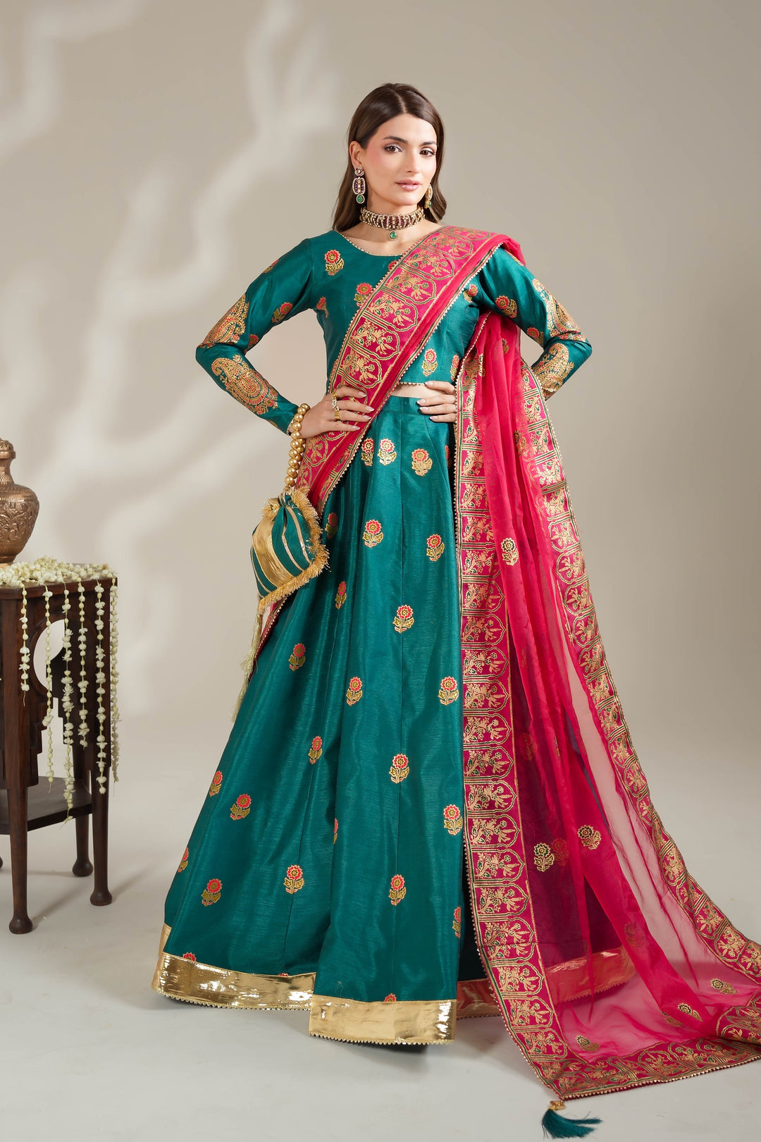 Sea Green Royal Block-Printed Lehnga Choli For Women