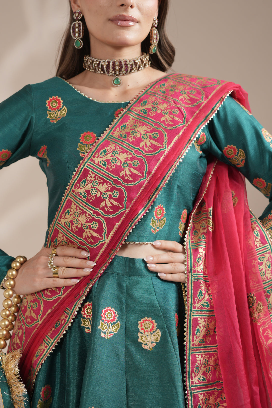 Sea Green Royal Block-Printed Lehnga Choli For Women