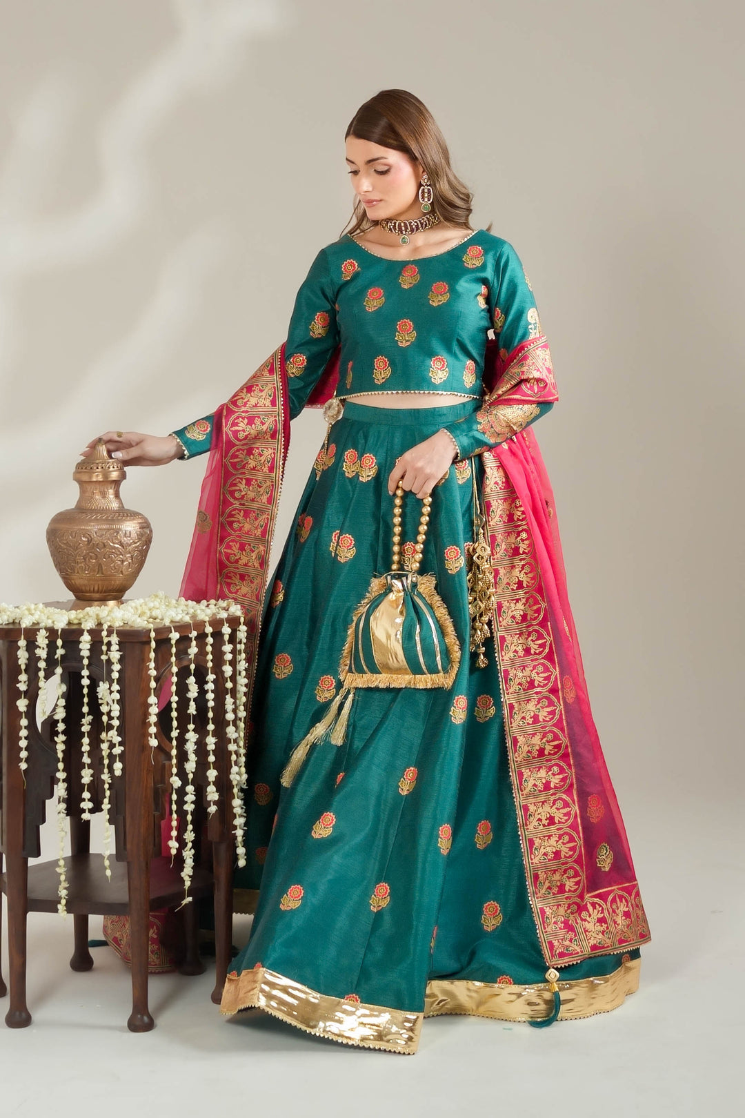 Sea Green Royal Block-Printed Lehnga Choli For Women