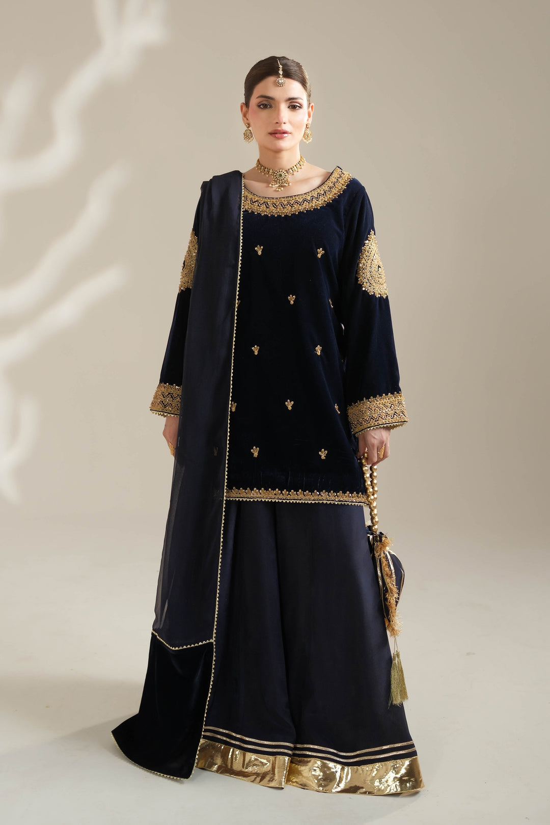 Navy Blue Velvet Royal Sharara Suit For Women