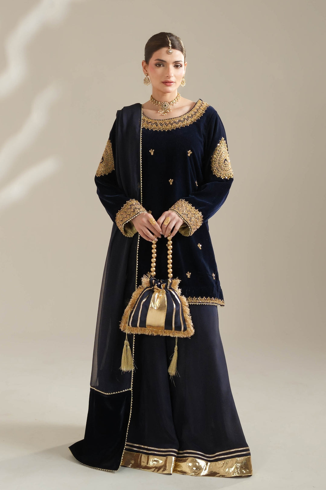 Navy Blue Velvet Royal Sharara Suit For Women