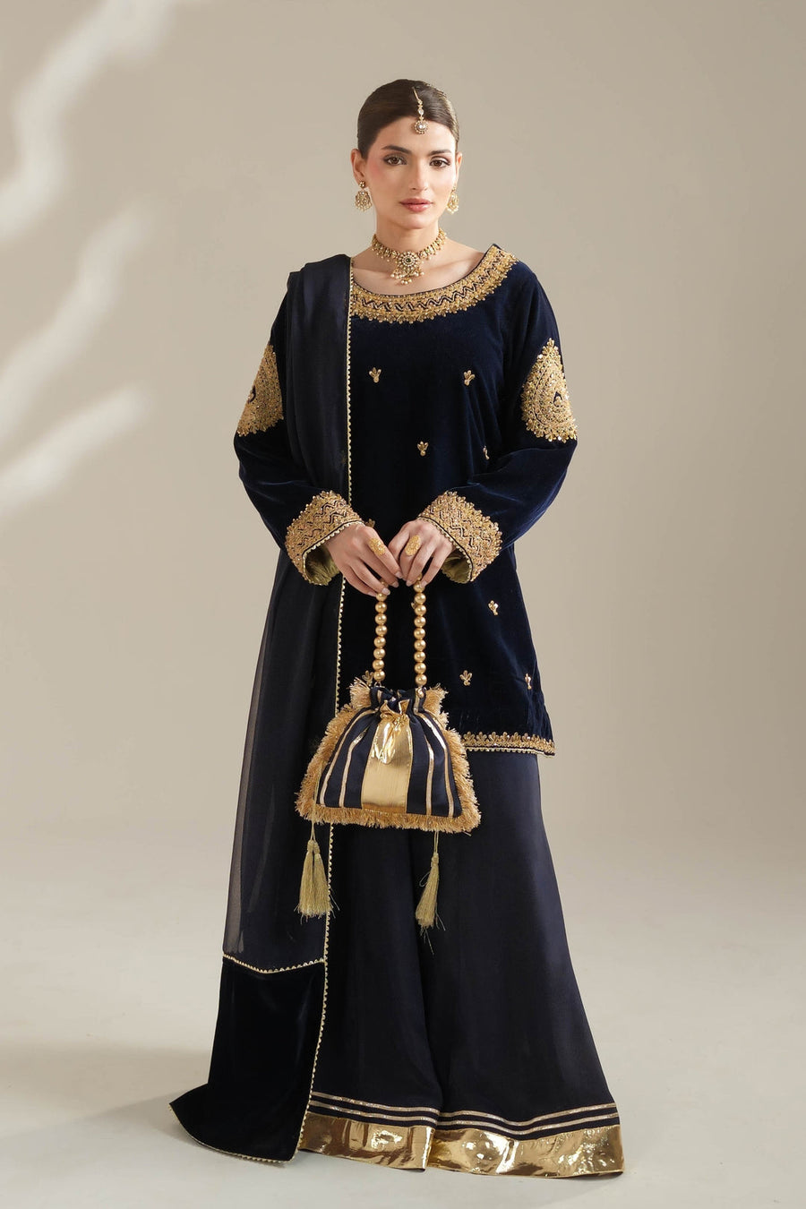 Navy Blue Velvet Royal Sharara Suit For Women