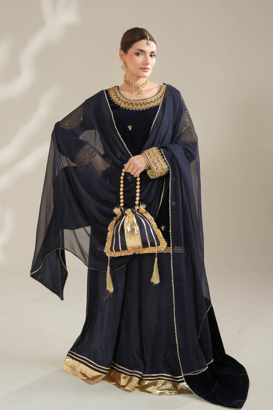 Navy Blue Velvet Royal Sharara Suit For Women