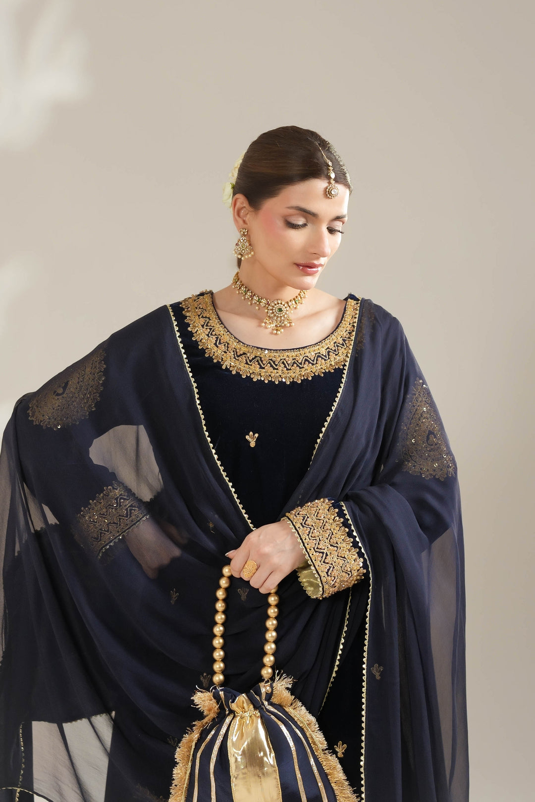 Navy Blue Velvet Royal Sharara Suit For Women