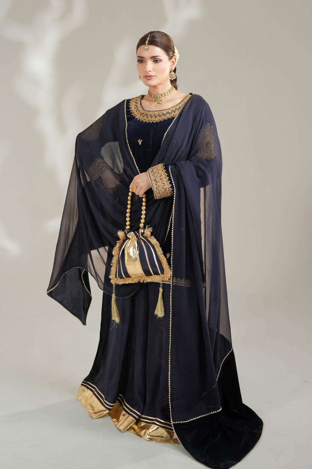 Navy Blue Velvet Royal Sharara Suit For Women