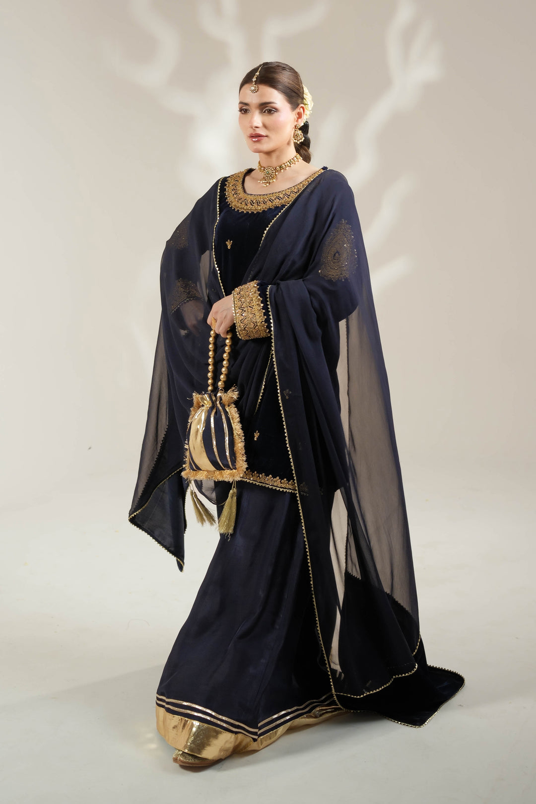 Navy Blue Velvet Royal Sharara Suit For Women
