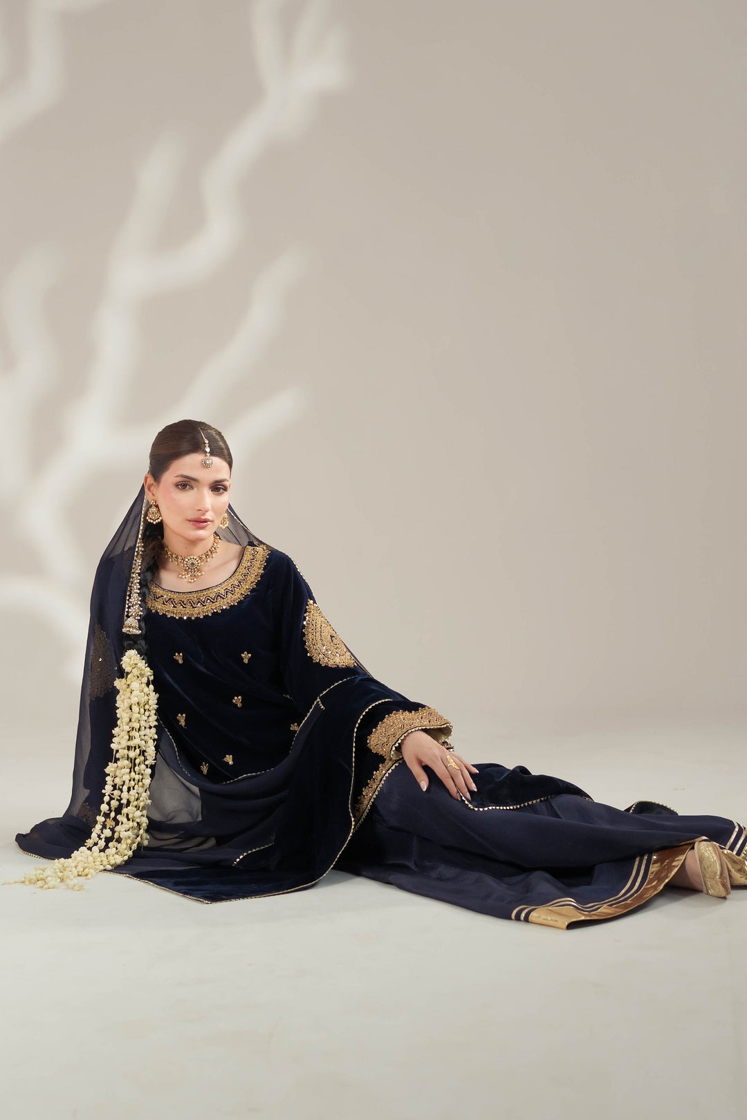 Navy Blue Velvet Royal Sharara Suit For Women