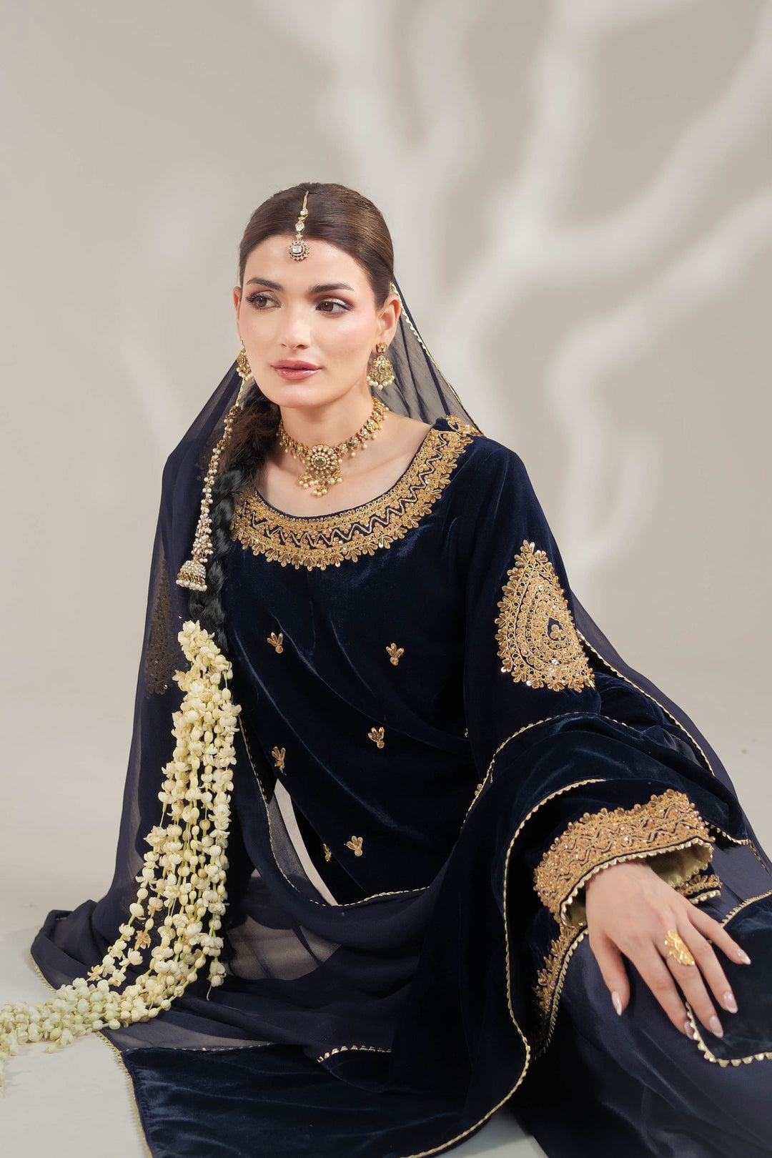 Navy Blue Velvet Royal Sharara Suit For Women