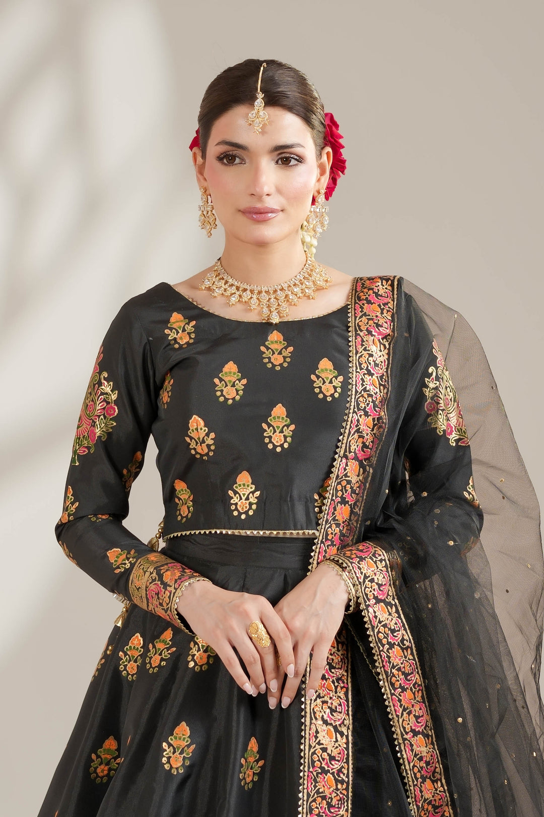 Midnight Black Royal Block-Printed Lehnga Choli For Women