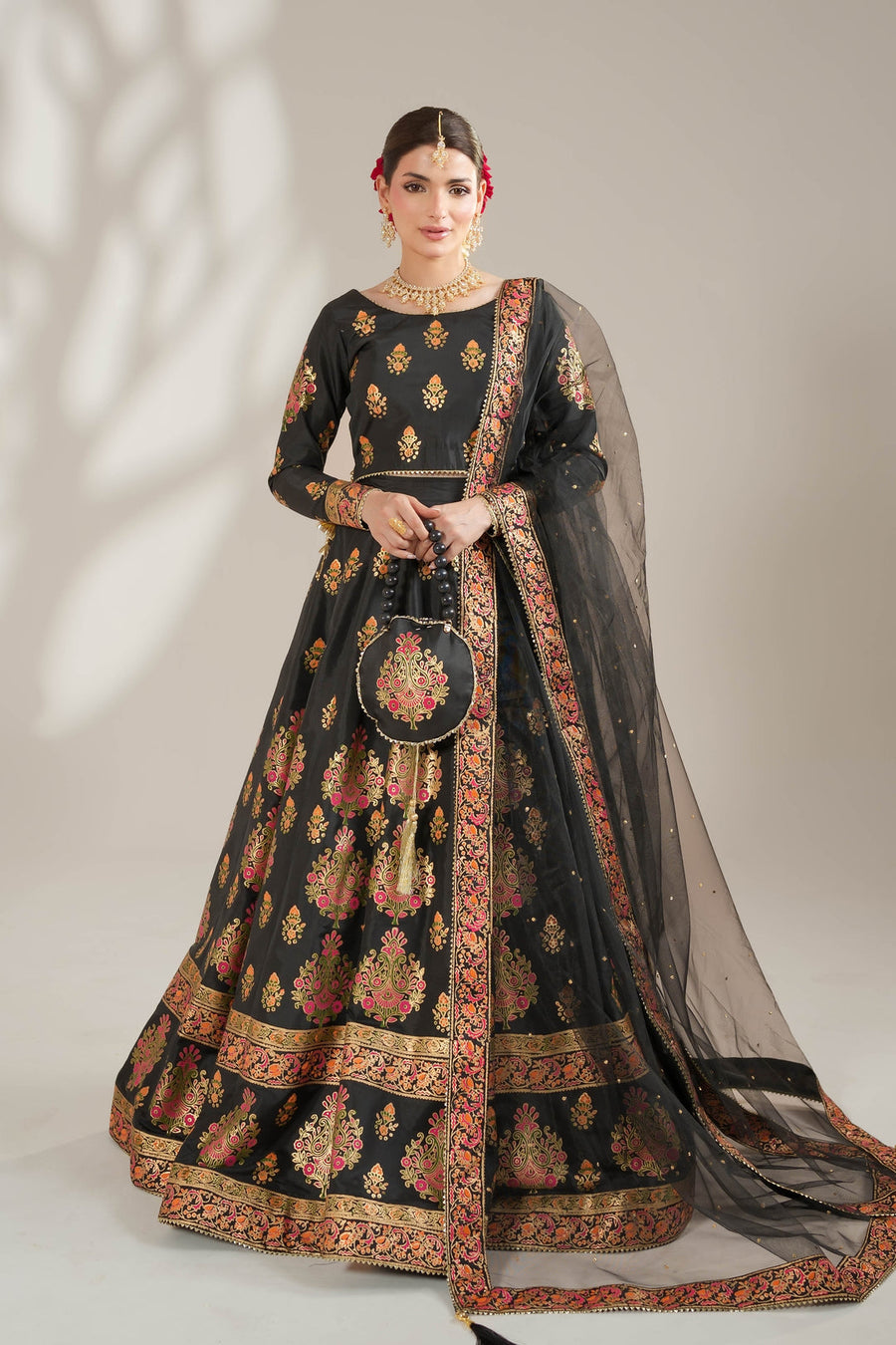 Midnight Black Royal Block-Printed Lehnga Choli For Women