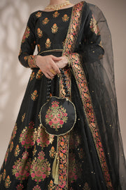 Midnight Black Royal Block-Printed Lehnga Choli For Women