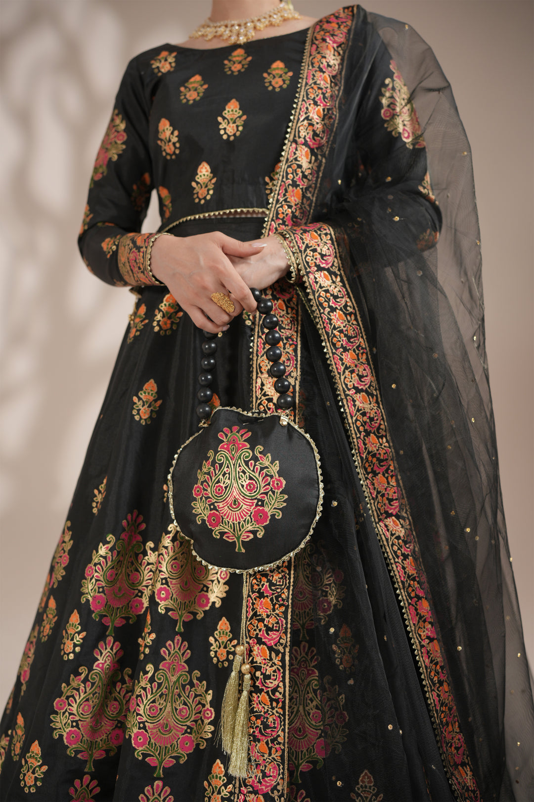 Midnight Black Royal Block-Printed Lehnga Choli For Women