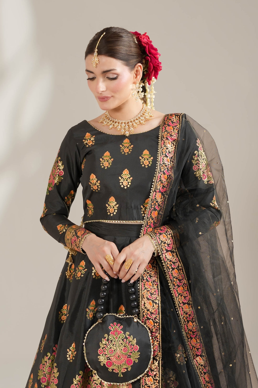 Midnight Black Royal Block-Printed Lehnga Choli For Women