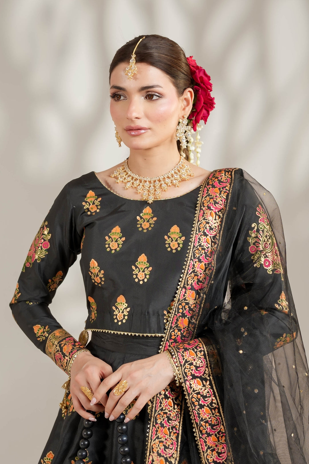 Midnight Black Royal Block-Printed Lehnga Choli For Women