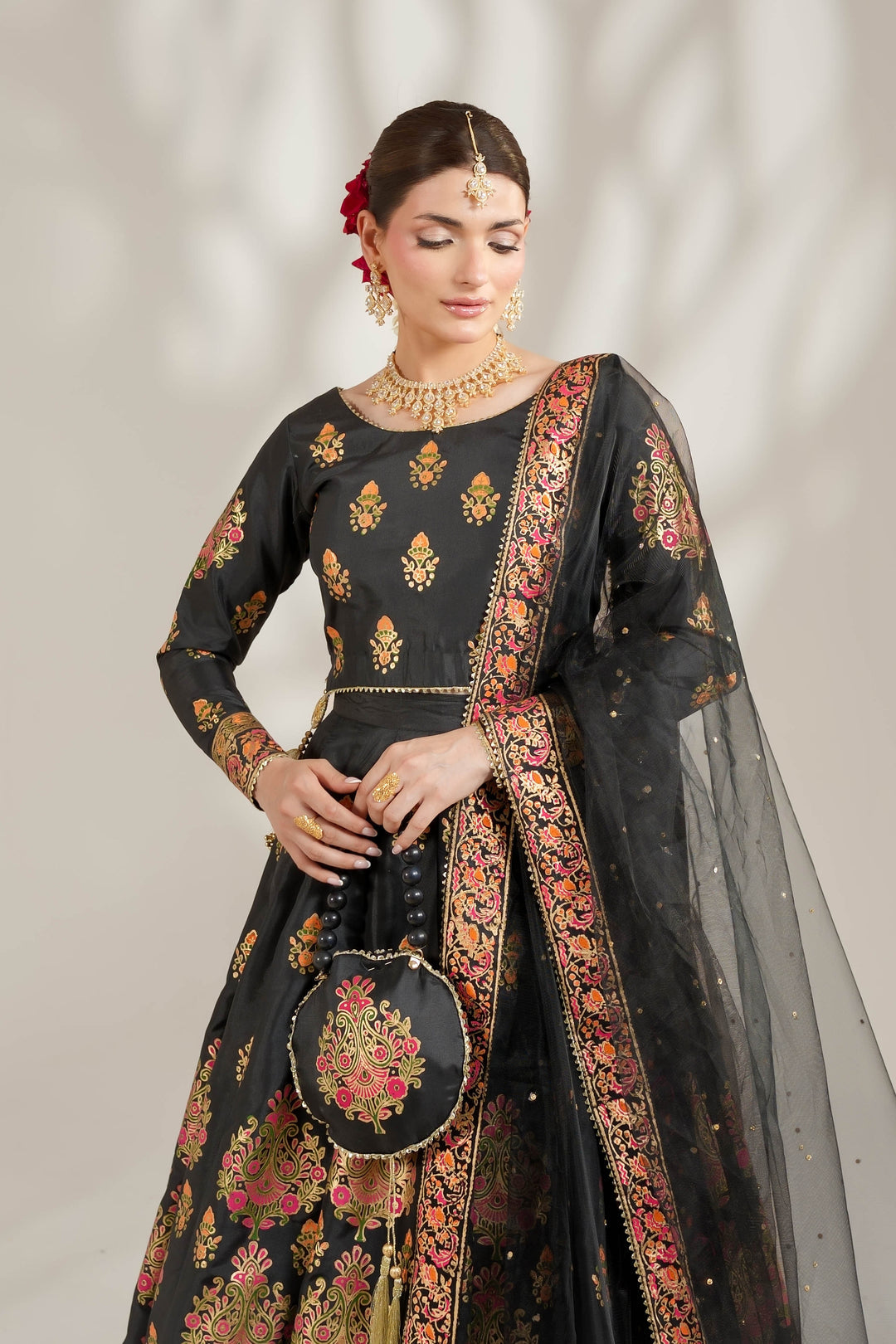 Midnight Black Royal Block-Printed Lehnga Choli For Women